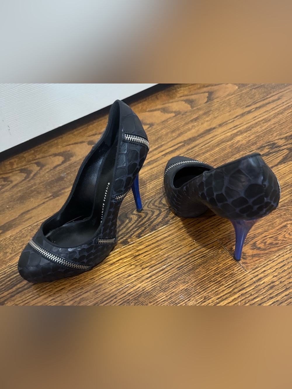 Giuseppe Zanotti Black Pumps with Blue Stiletto Heels/faux zippers on the left!